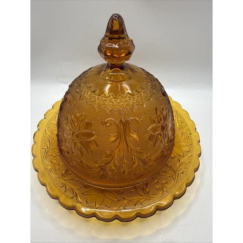 Tiara Amber Sandwich Indiana Covered Lidded‎ ROUND DOMED BUTTER CHEESE DISH